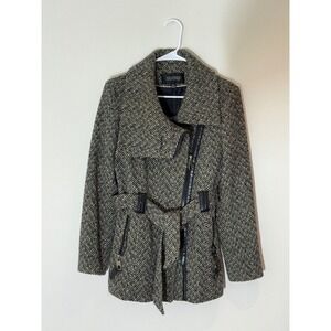 DONNYBROOK Authentic Women's Black White Herringbone Belted Moto Coat Size S